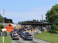 Cars approaching the Canadian border at Surrey, B.C. in Canada, from Blaine, Washington (state) in the United States Entering Can. (White Rock, BC) from U.S. (Blaine, WA).jpg