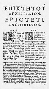 Epiktetoksen Käsikirjan alku A. Berkeliuksen kreikan- ja latinankielisestä painoksesta vuodelta 1683.