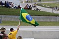 A fan celebrates w:Nelson Piquet, Jr. NASCAR Nationwide Series win at Road America at the 2012 Sargento 200. by waving the Brazilian flag. He was the first Brazlian to win a NASCAR race ever.   This file was uploaded with Commonist.