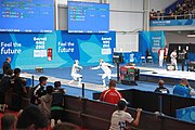 Deutsch: Fechten bei den Olympischen Jugend-Sommerspielen 2018: Tag 1, 7. Oktober 2018, Jungen, Säbel, Runde der letzten 16 - Mazen Elaraby (EGY) - Hudson Santana (PUR) 15:14 English: Fencing at the 2018 Summer Youth Olympics at 7 October 2018 – Boys' sabre Round of 16 – Mazen Elaraby (EGY) Vs Hudson Santana (PUR) 15:14