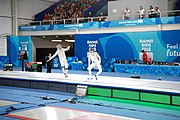 Deutsch: Fechten bei den Olympischen Jugend-Sommerspielen 2018: Tag 1, 7. Oktober 2018, Jungen, Säbel, Finale - Krisztián Rabb (HUN) - Hyun Jun (KOR) (USA) 15:13 English: Fencing at the 2018 Summer Youth Olympics at 7 October 2018 – Boys' sabre Gold medal match – Krisztián Rabb (HUN) Vs Hyun Jun (KOR) (USA) 15:13