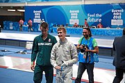 Deutsch: Fechten bei den Olympischen Jugend-Sommerspielen 2018: Tag 1, 7. Oktober 2018, Jungen, Säbel, Finale - Krisztián Rabb (HUN) - Hyun Jun (KOR) (USA) 15:13 English: Fencing at the 2018 Summer Youth Olympics at 7 October 2018 – Boys' sabre Gold medal match – Krisztián Rabb (HUN) Vs Hyun Jun (KOR) (USA) 15:13