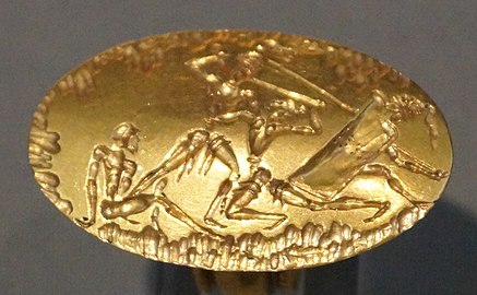 Боевая сцена на золотом кольце-печати из могильного круга А, Микены