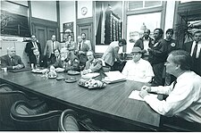 Frank Jordan meets with Doug Cuthbertson and other union leaders at City Hall during the 1994 newspaper strike.jpg