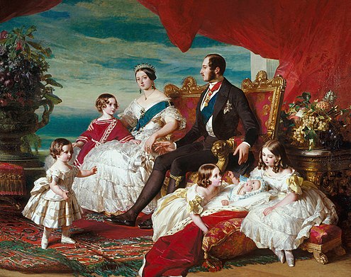 Queen Victoria, Prince Albert, and five of their children in 1846. Painting by Franz Xaver Winterhalter. Franz Xaver Winterhalter Family of Queen Victoria.jpg