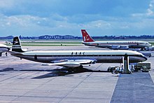 A Qantas Boeing 707 behind a De Havilland Comet of British Overseas Airways Corporation at Heathrow in 1963 G-APDC DH106 Comet 4 and Qantas 707 LHR 02SEP63.jpg