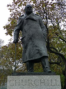 The statue of Winston Churchill in Parliament Square was sprayed with the words "is a racist" during a Black Lives Matter protest in 2020. GOC London Public Art 087 Winston Churchill (30948957480).jpg
