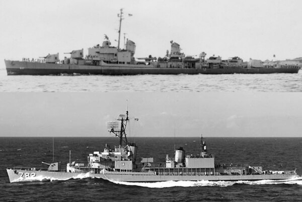 Two Gearing-class destroyers, as delivered and after FRAM I.