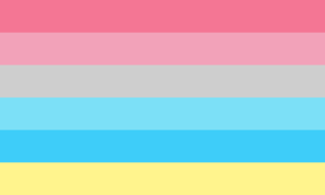 A pride flag with six stripes, pink, light pink, grey, light blue, blue and light yellow.