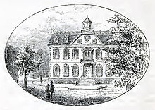 Drawing by George Champlin Mason Sr. of former Rhode Island State House, today known as Old Colony House. From Newport Illustrated, 1854. George C. Mason State House drawing.jpg