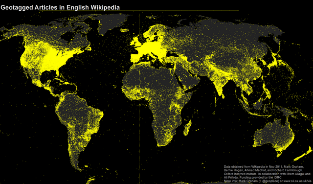 A map of geotagged articles on the English Wikipedia
