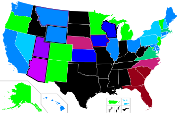 Mapa stanu Stanów Zjednoczonych oznaczona kolorami dla dostępu do aborcji.  Wiele stanów USA w centrum, a zwłaszcza na południu kraju, zakazało aborcji poza pewnymi wyjątkami medycznymi.  Z kolei aborcja jest dostępna na żądanie bez ograniczeń czasowych na Alasce, Kolorado, New Jersey, Nowym Meksyku, Oregonie, Vermont i Waszyngtonie Ponieważ sytuacja szybko się zmienia, szczegółowe informacje znajdują się w tekście artykułu.