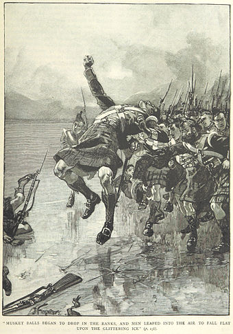 Depiction of Glengarry Light Infantry's charge across a frozen river during the Battle of Ogdensburg. The unit's membership was restricted to Loyalist and British settlers.