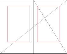 Tschichold's drawing of an octavo-format page proportioned in the golden ratio. The type area and margin proportions are determined by the starting page proportions. Golden section page Tschichold.svg