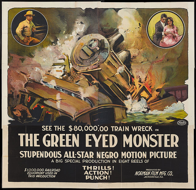 The Green Eyed Monster, an all black romantic adventure by the Norman Film Manufacturing Company with an elaborate and expensive train wreck.