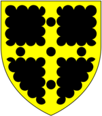 Arms of Greville: Sable, on a cross engrailed or five pellets all within a bordure engrailed of the second GrevilleArms.png