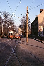 Gotha-Großraumzug (TDE 61 + BDE 62) auf der Linie 82 vor der Einfahrt in die Wendeschleife am S-Bahnhof Ostkreuz, 1991
