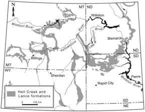 Map of the Hell Creek and Lance Formations in western North America Hell Creek and Lance formations.png