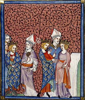 Darstellung aus den Chroniques de Saint-Denis: 1) Heinrich I. entsendet einen Bischof (links); 2) Heinrichs Hochzeit mit Anna von Kiew (rechts)