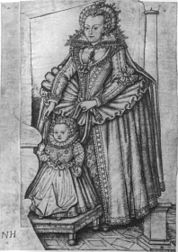 Dessin représentant Élisabeth Stuart, Electrice Palatine et son fils Frederick Henry. Probable travail de préparation à une gravure[38]