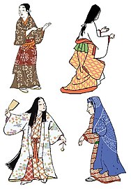 Manières de porter le kosode . En haut à gauche : porté comme une robe cache-cœur ; en haut à droite : épaules koshimaki ; en bas à gauche : porté comme une robe sans ceinture sur un autre kosode dans le style uchikake en bas à droite : porté sur la tête dans le style katsugi