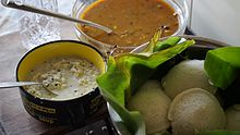 Idli with sambar and coconut chutney Idli and chutney.JPG