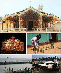 Searah jarum jam dari atas: Murugan/Kanthavanam Candi; Polikandy Hindu Tamil Dicampur Sekolah; Kattumaram di PK pantai: Polikandy kegiatan perikanan; Sri Pathira Kuil Kali Amman