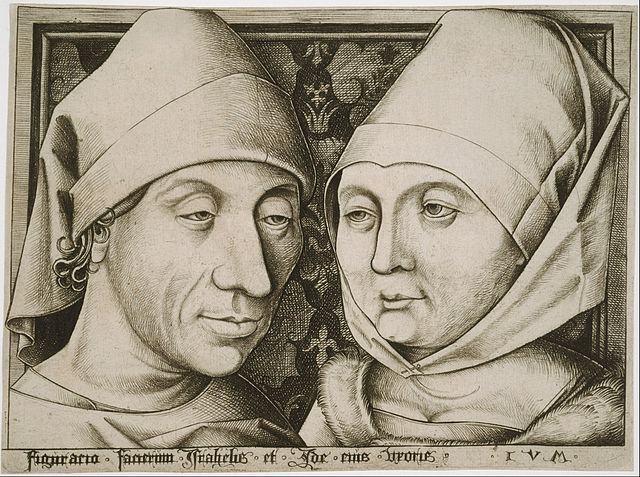 Israhel van Meckenem and his wife, the first self-portrait in a print. Engraving, 1480s or 1490s.