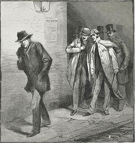 Drawing of a man with a pulled-up collar and pulled-down hat walking alone on a street watched by a group of well-dressed men behind him