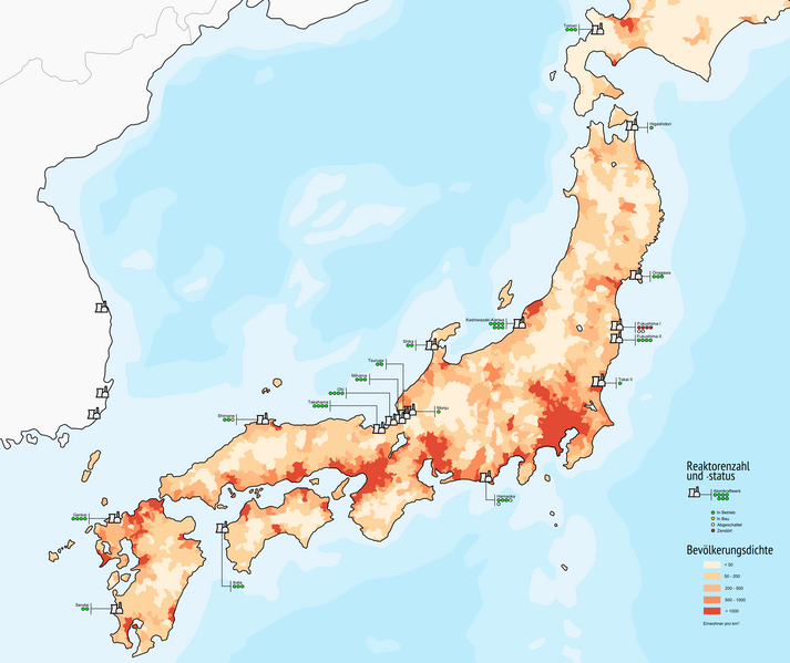 Bevölkerungsdichte Japans (sowie Reaktorzahl und -status)