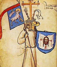 Example of arms attributed to Jesus from the 15th-century Hyghalmen Roll Jesus Coat of Arms 1.jpg