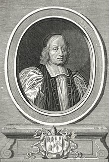 1682 engraving of John Pearson, showing his arms impaling the bishopric's. John Pearson Bishop of Chester.jpg