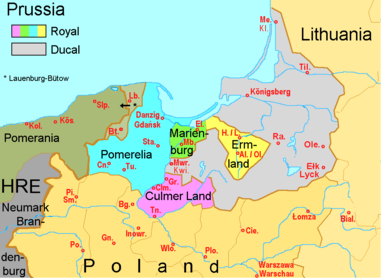 1466'dan sonra Pomerelia ve Prusya: açık gri – Töton/Manastır (sonradan Ducal) Prusyaaçık yeşil ve sarı – Kraliyet Prusyası'nın voyvodalığı'ları gerçek Prusya bölgesimavi ve macenta – Prusya bölgesi dışındaki Pomerel bölgesini kapsayan Kraliyet Prusyası'nın voyvodalığıları