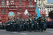 Kazakh contingent during the 2015 Moscow Victory Day Parade with the national flag