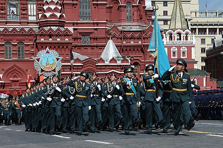 Cadets of the Military Institute of the Kazakh Ground Forces march in the 2015 Moscow Victory Day Parade.