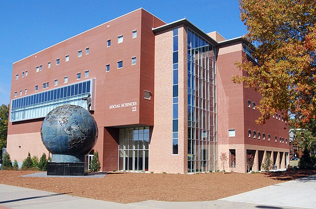 The Social Sciences Building and the Spaceship Earth sculpture