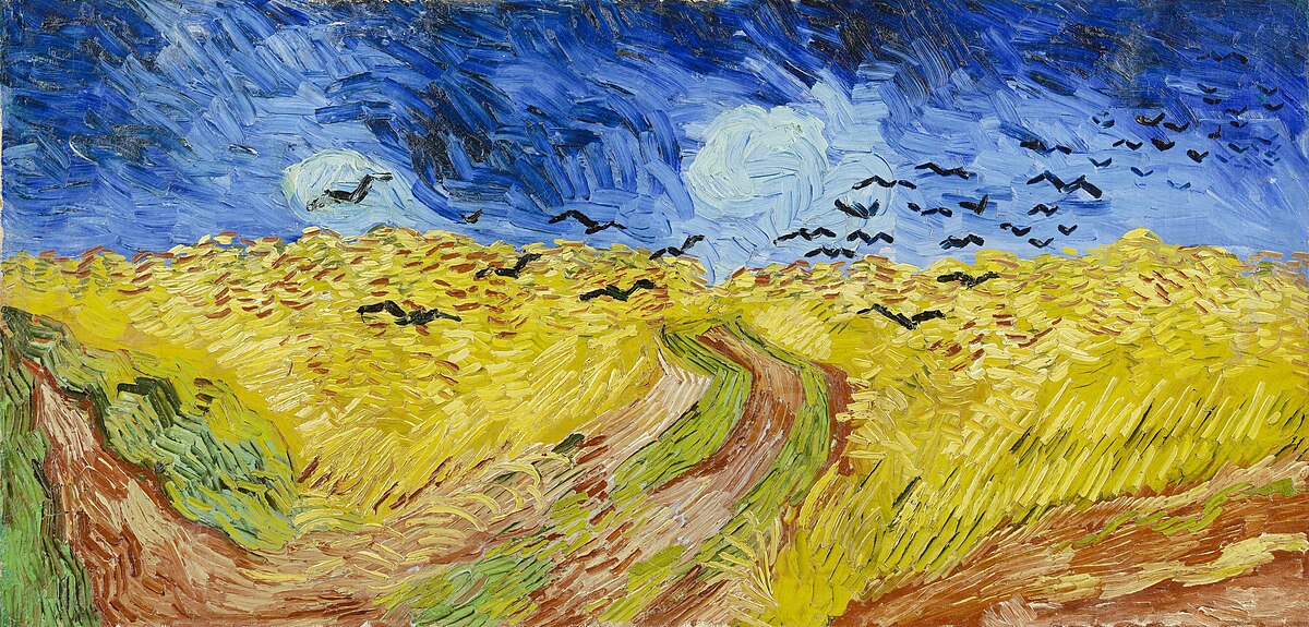 Vincent Van Gogh's painting Wheatfield with Crows, with a bright yellow field, dark blue sky and black crows flying along the horizon