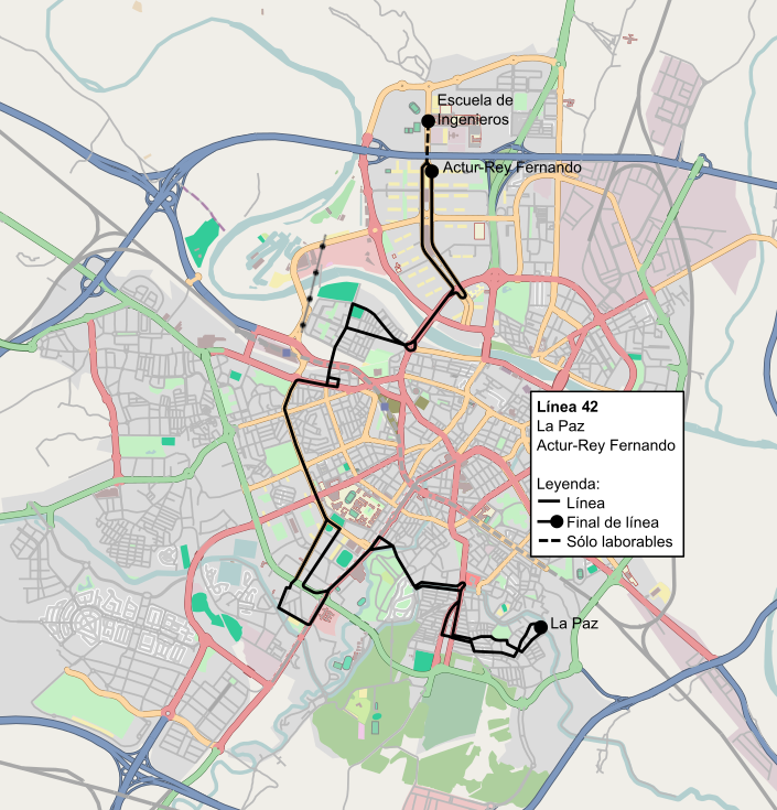 Recorrido de la línea 42 de TUZSA en la ciudad de Zaragoza.