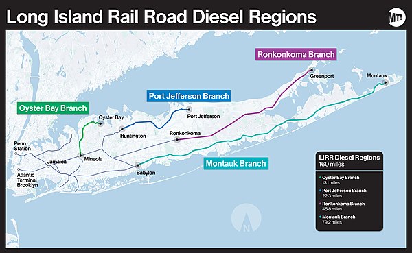 Map of Diesel territory on the Long Island Rail Road