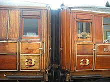 Detail of LNER teak panelled coaches, preserved on the Severn Valley Railway LNER teak coaches.jpg