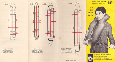 A LOT Polish Airlines safety instruction card from 1968 for the Ilyushin Il-18, Ilyushin Il-14, Antonov An-24 and Tupolev Tu-134.