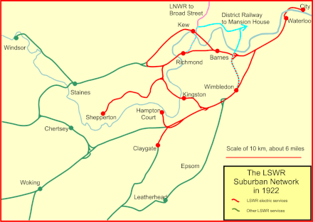 Map of LSWR electrified routes in 1922