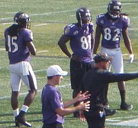Boldin (81) at Navy-Marine Corps Memorial Stadium in 2012. Also pictured are LaQuan Williams (15) and Torrey Smith (82). LaQuan Williams, Anquan Boldin, Torrey Smith.JPG