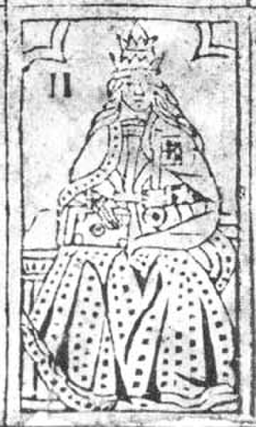 An untitled popess on the Rosenwald Sheet of uncut Tarot woodcuts. Early 16th-century. Now in National Gallery in Washington, D.C.