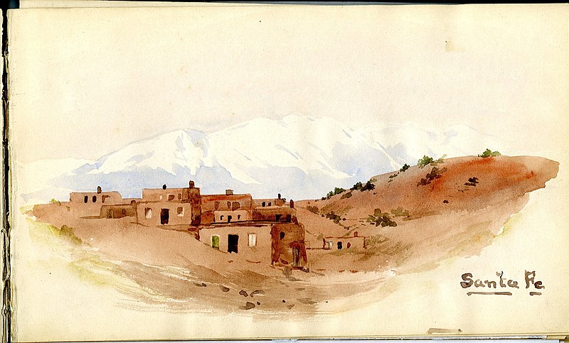 File:Landscape of Santa Fe with low adobe buildings, with white mountain range in background. In Mary King Longfellow's sketchbook (8dfa82ff-e7ab-4438-ad02-670dc7cdcf3f).jpg