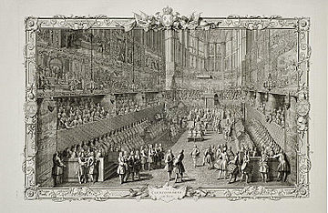 Le Couronnement du Roi, after a painting by Pierre Dulin. The engraving was made soon after 25 October 1722 from a tableau in the series Le Sacre de Louis XV. Le Couronnement du Roi by Tardieu.jpg