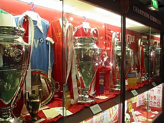 Replicas of the four European Cups Liverpool won from 1977 to 1984 on display in the club's museum Liverpool 4 European Cups.jpg