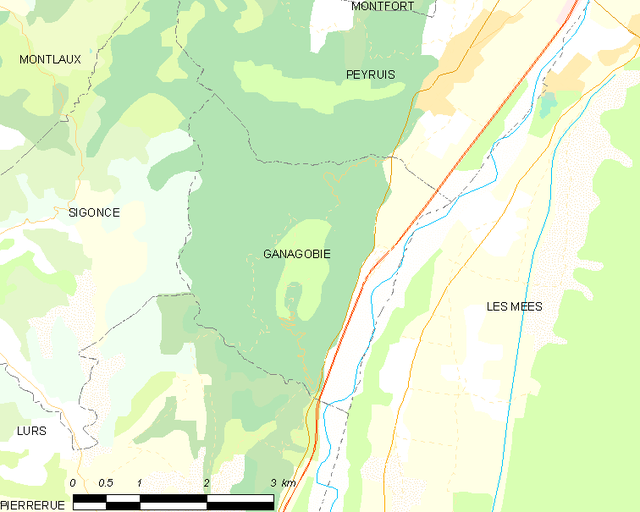 Carte élémentaire montrant les limites de la commune, les communes voisines, les zones de végétation et les routes