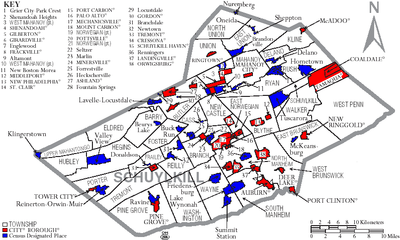 schuylkill cities hrabstwa hrabstwo boroughs rozmieszczenie broughs mapie miast township