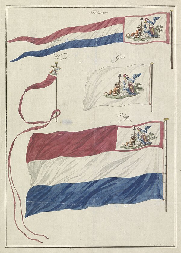 Naval flag and pennants of the Batavian Republic. The canton features the Netherlands Maiden.